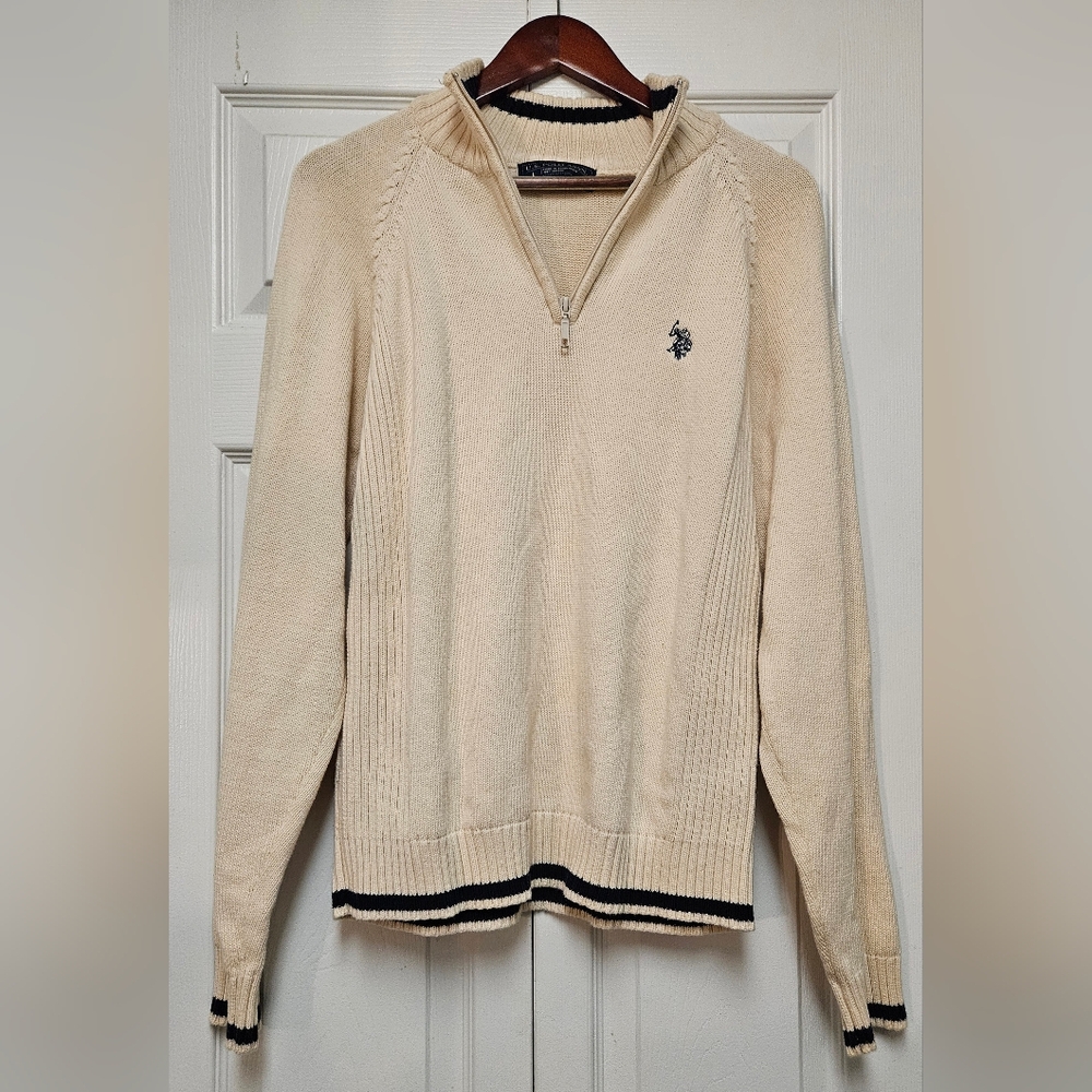 Polo Ralph Lauren Men's Cream Quarter Zip Sweater with Black Accents